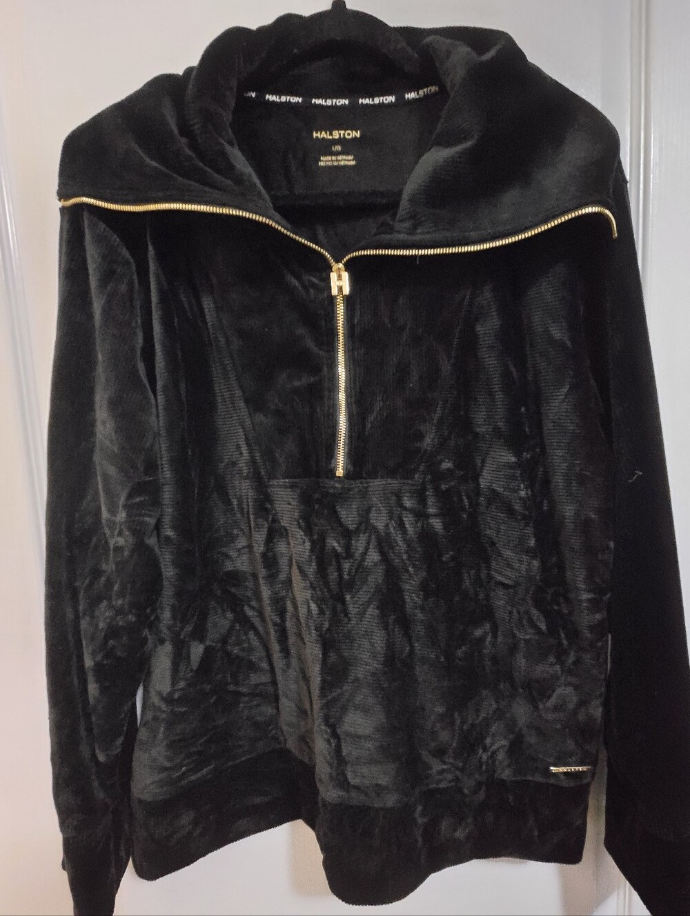 Halston Heritage Black Velvet Half-Zip Hoodie with Gold Zipper